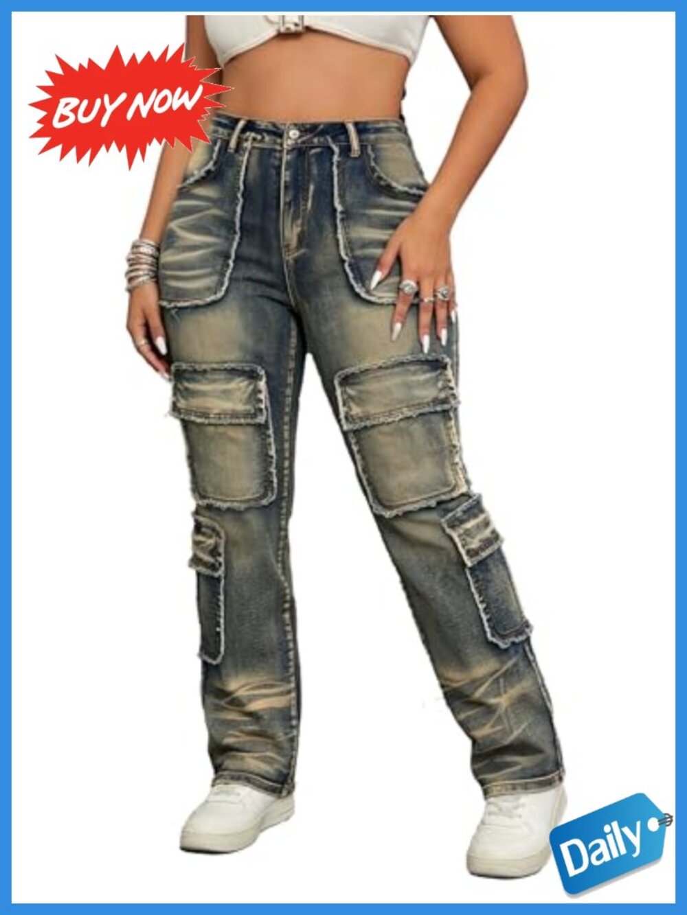 Plus Size Cargo Jeans Vintage Washed Straight Leg Frayed Denim